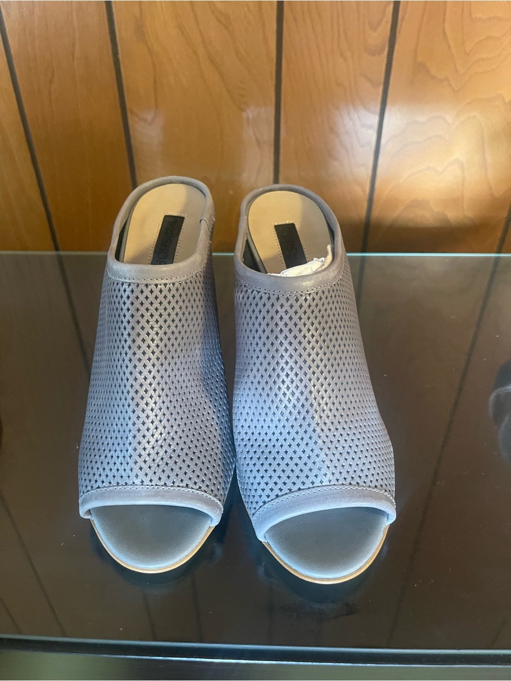 Women’s Grey Perforated Open-Toe Slip-On Heels